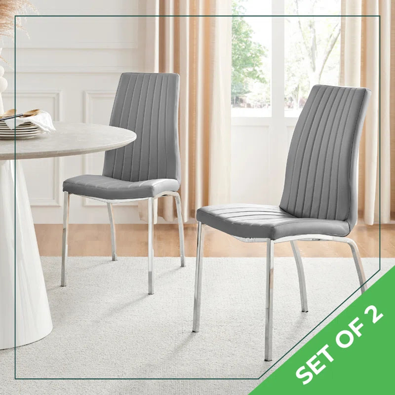 Faux Leather Modern Tall Back Dining Chairs with Chrome Metal Legs & Vertical Stitching