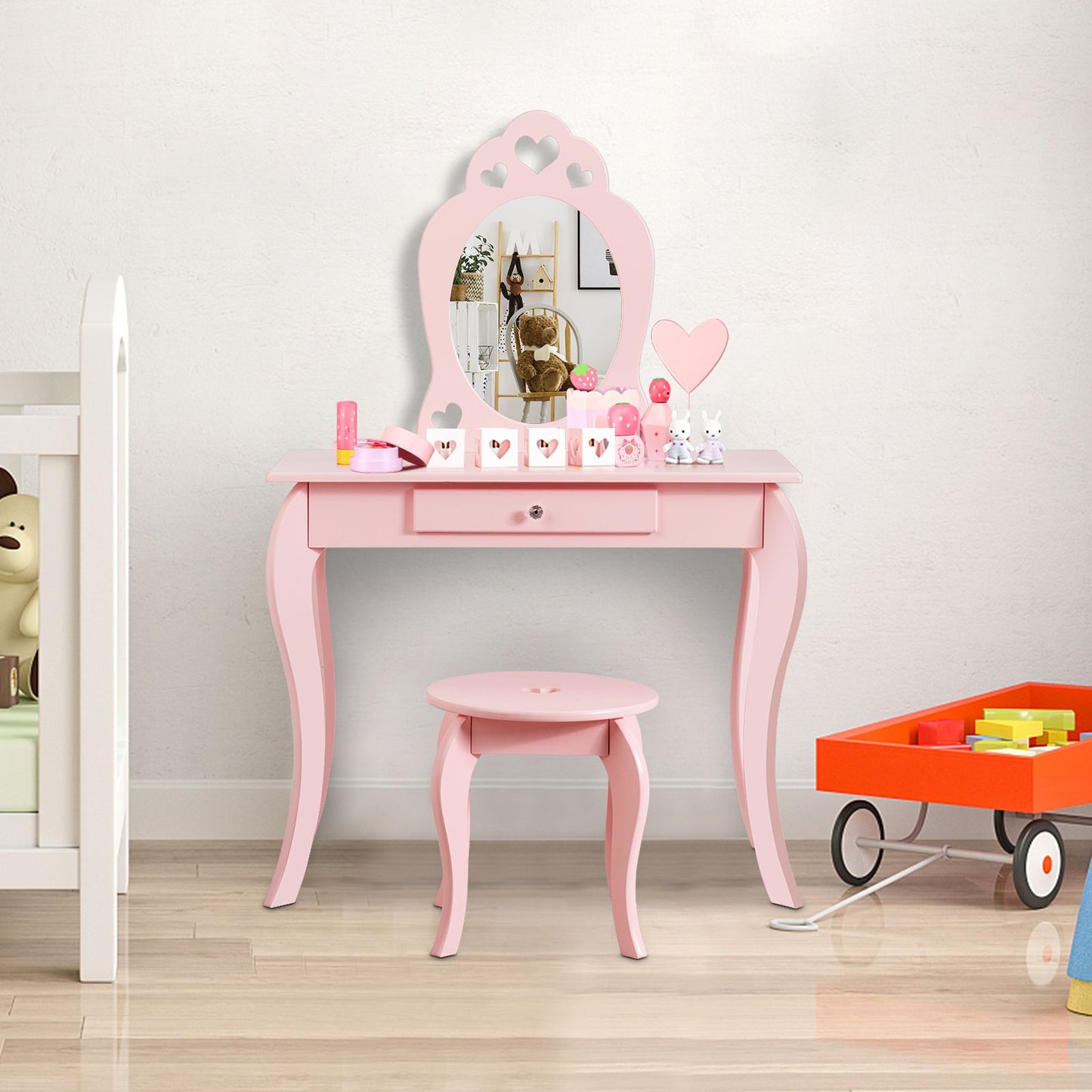 Kids Vanity Table and Stool with Removable Mirror and Drawer