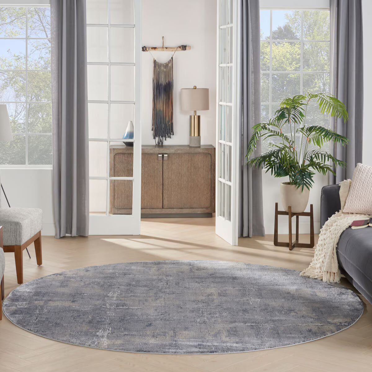 Rustic Textures Faded Blue Circle Rug, 160 Cm