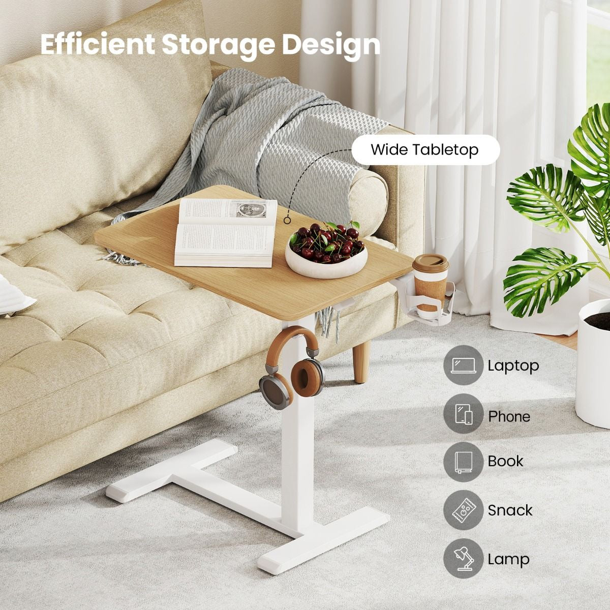 Height Adjustable Overbed Bedside Table with Cup Holder and Headphone Hook