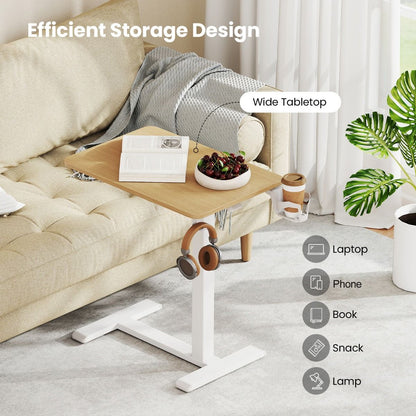 Height Adjustable Overbed Bedside Table with Cup Holder and Headphone Hook