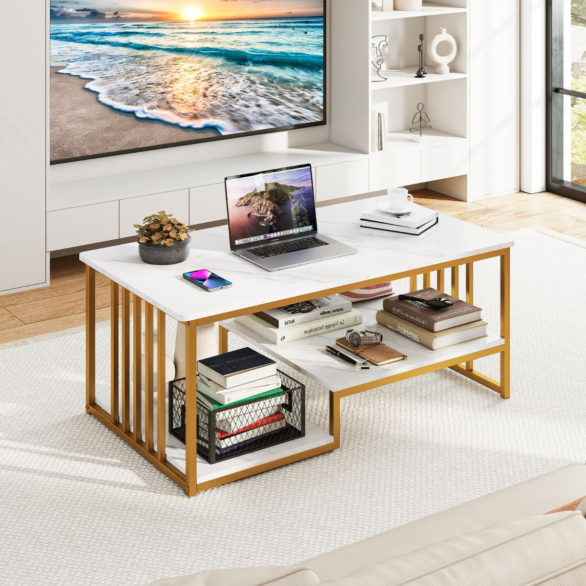 Faux Marble Coffee Table with Open Storage Shelf