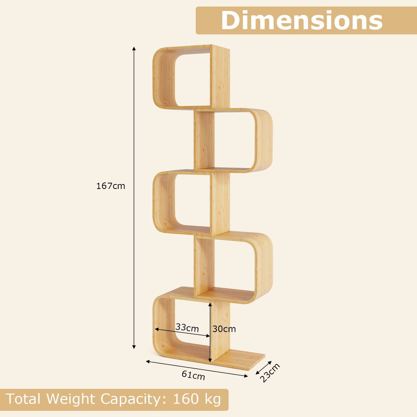 2/3/4/5-Tier S-Shaped Bookcase Bamboo Bookshelf with Open Cubes