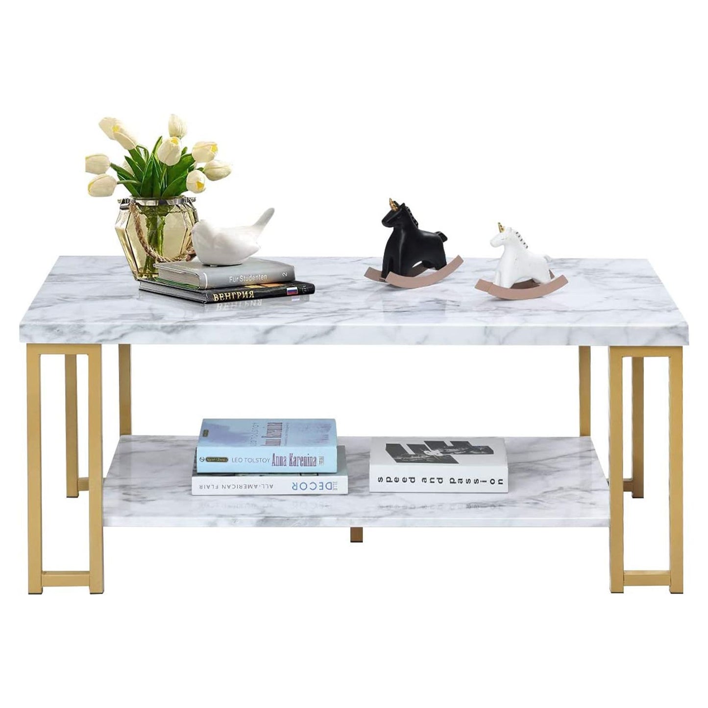 2-Tier Marble Print Coffee Table with MDF Top and Gold Print Metal Frame