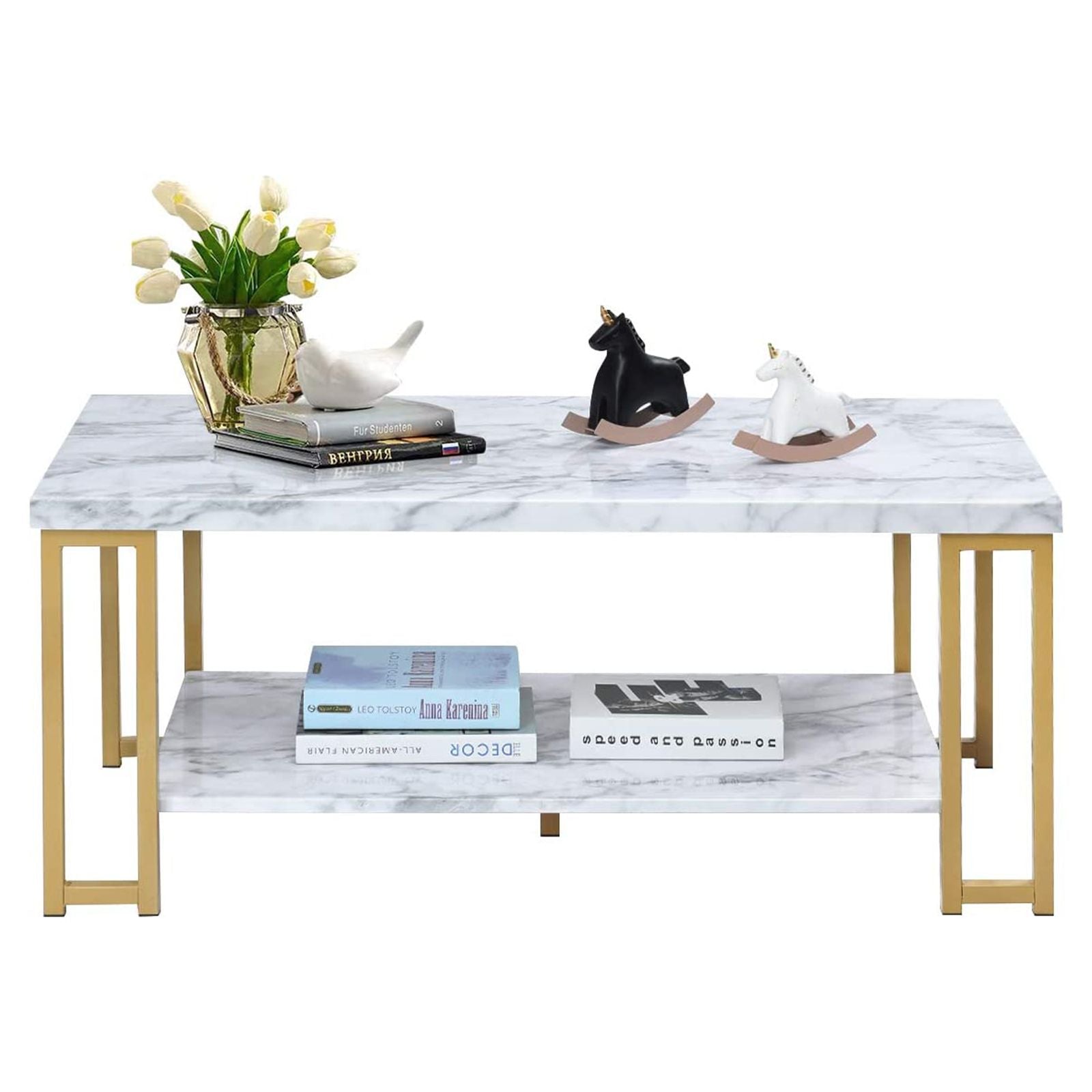 2-Tier Marble Print Coffee Table with MDF Top and Gold Print Metal Frame