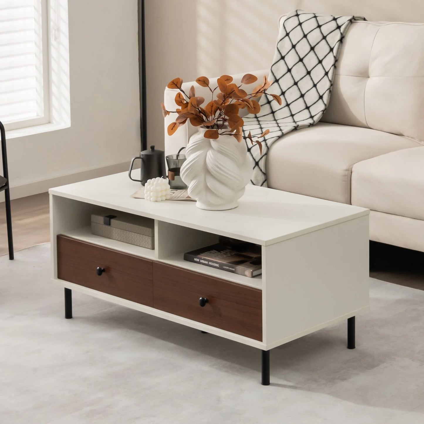Rectangle Sofa Tea Table with Sturdy Metal Legs for Home Office