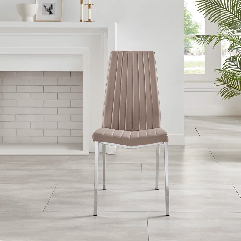 Faux Leather Modern Tall Back Dining Chairs with Chrome Metal Legs & Vertical Stitching