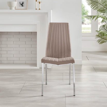 Faux Leather Modern Tall Back Dining Chairs with Chrome Metal Legs & Vertical Stitching