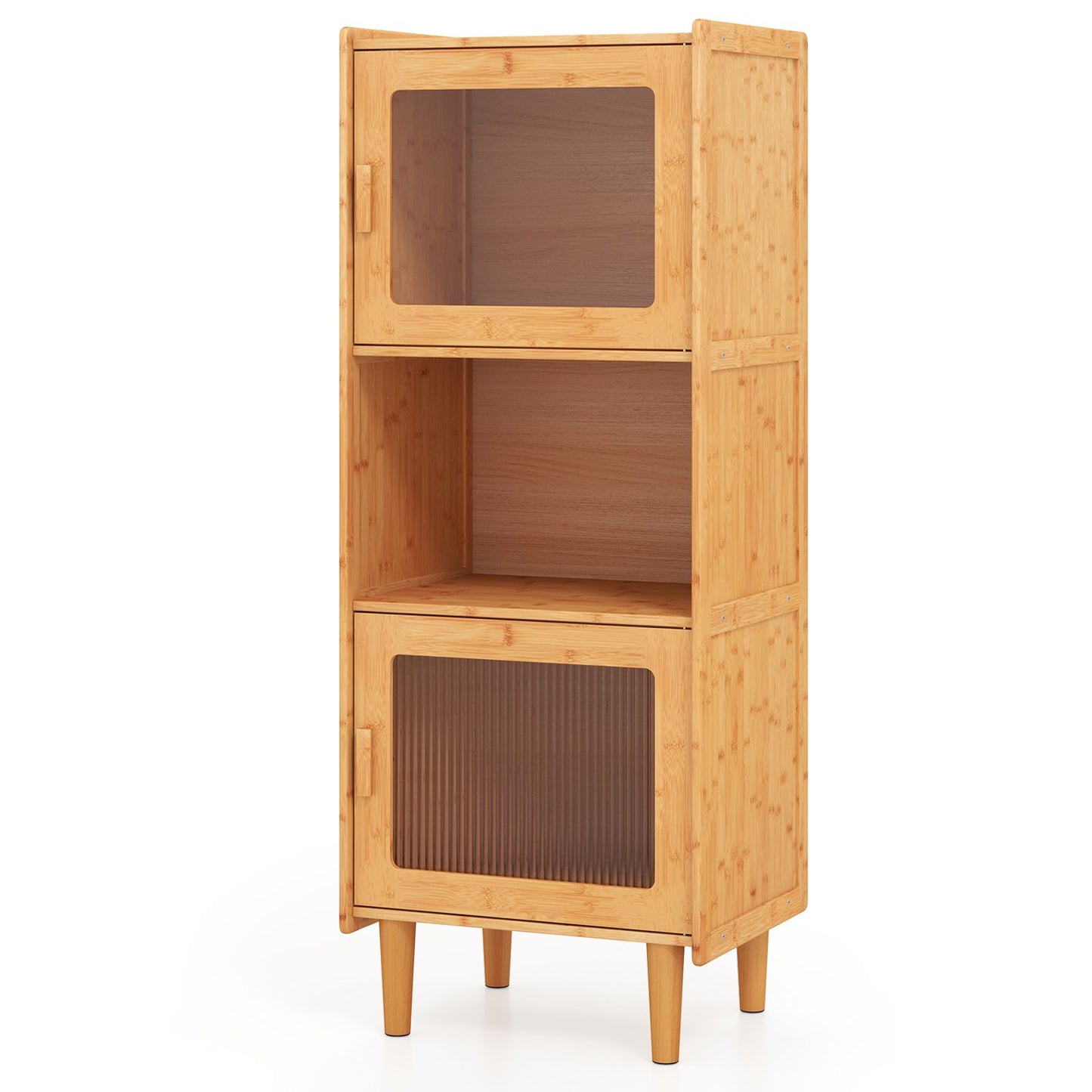 3-Cube Bamboo Cabinet with Open Compartment and 2 Acrylic Doors