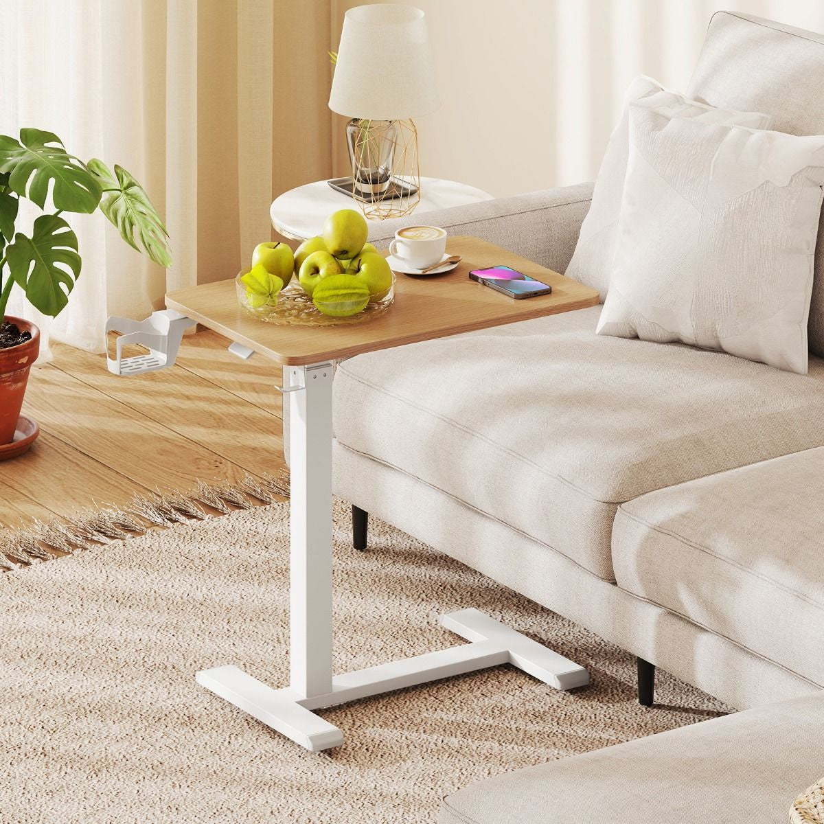 Height Adjustable Overbed Bedside Table with Cup Holder and Headphone Hook