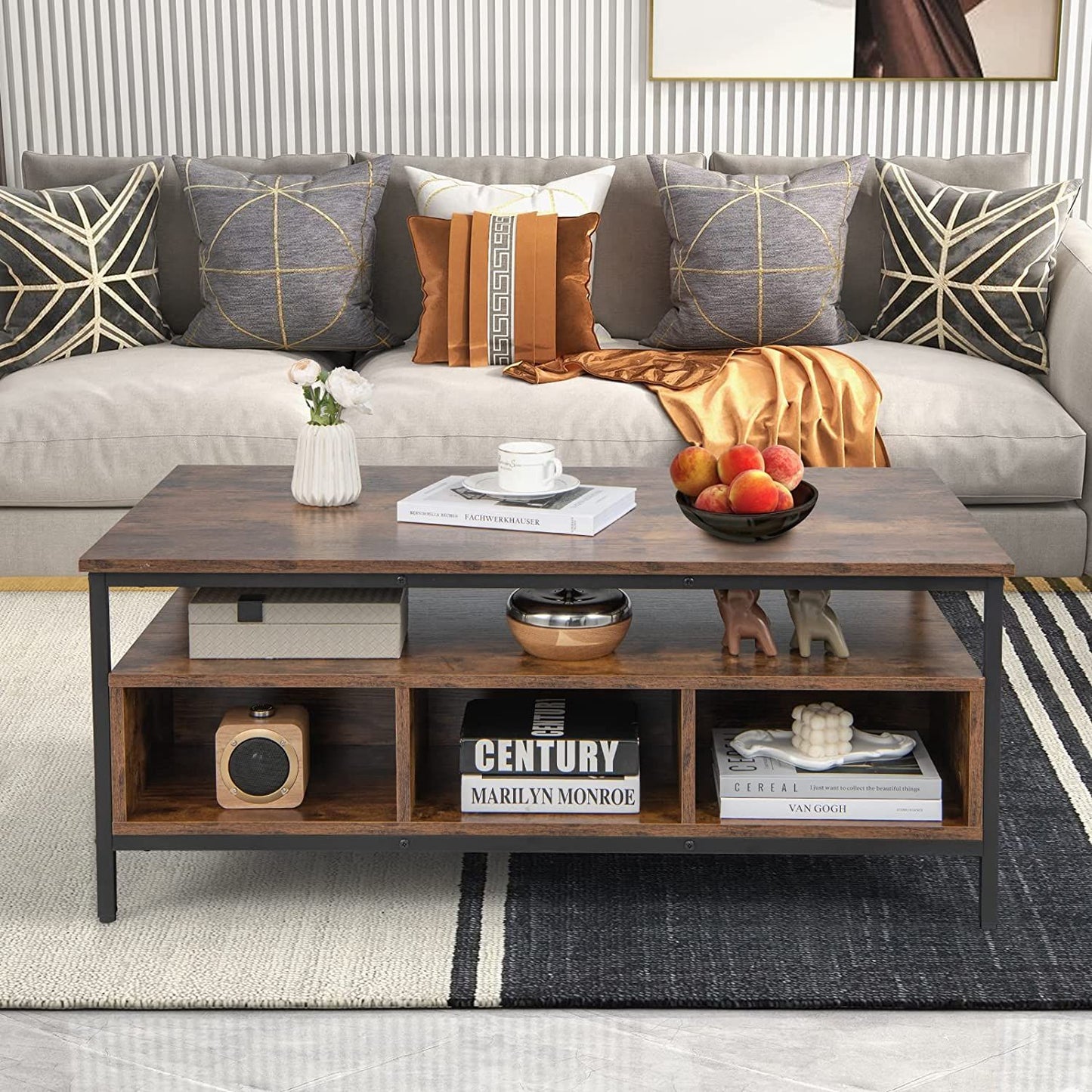 Wooden Cocktail Center Table with Storage Shelf for Living Room