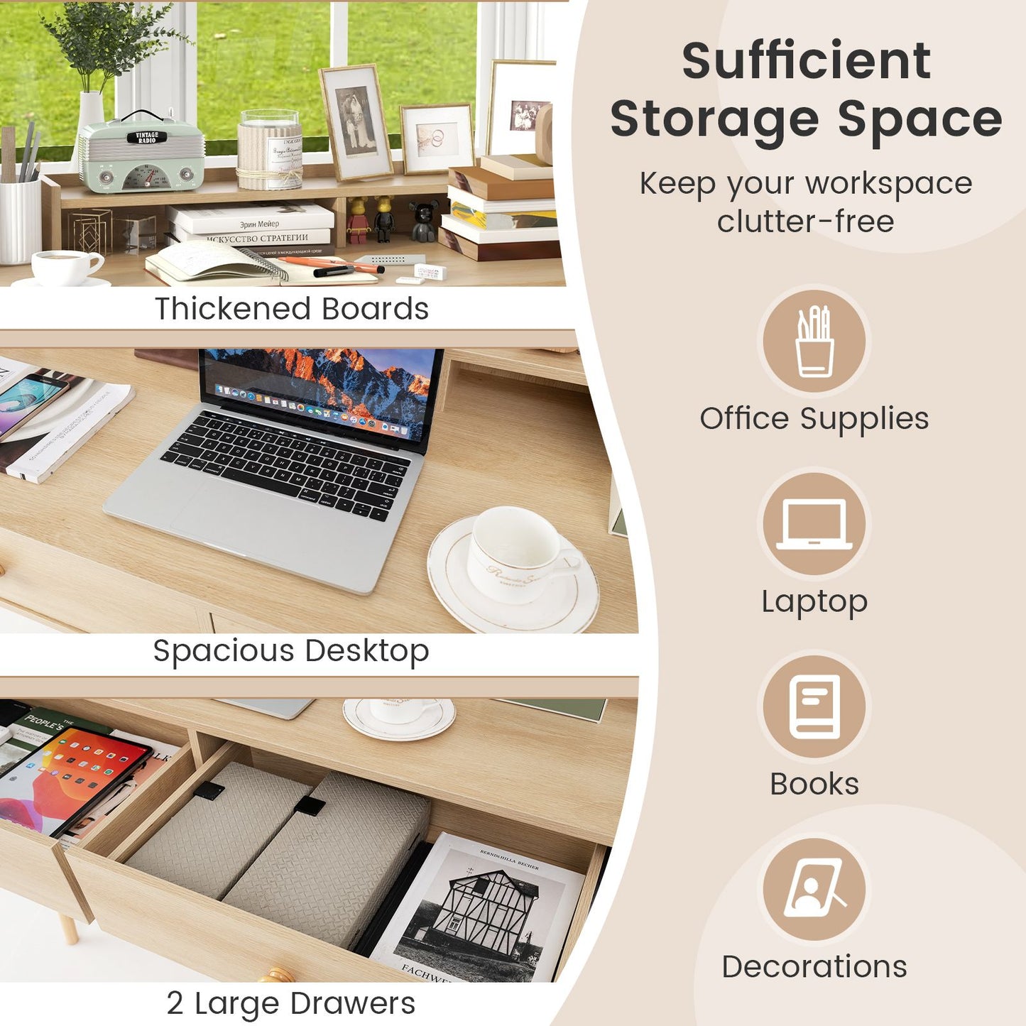 120 CM Writing Desk with Hutch and Drawers for Bedroom