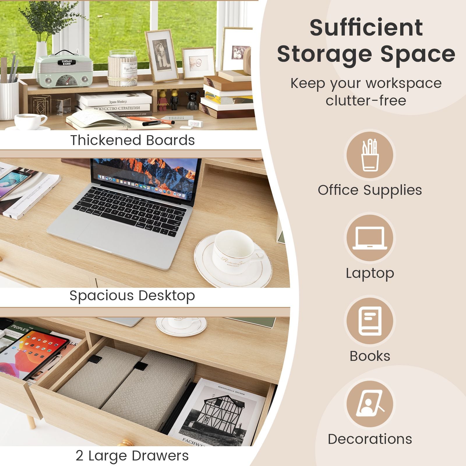 120 CM Writing Desk with Hutch and Drawers for Bedroom