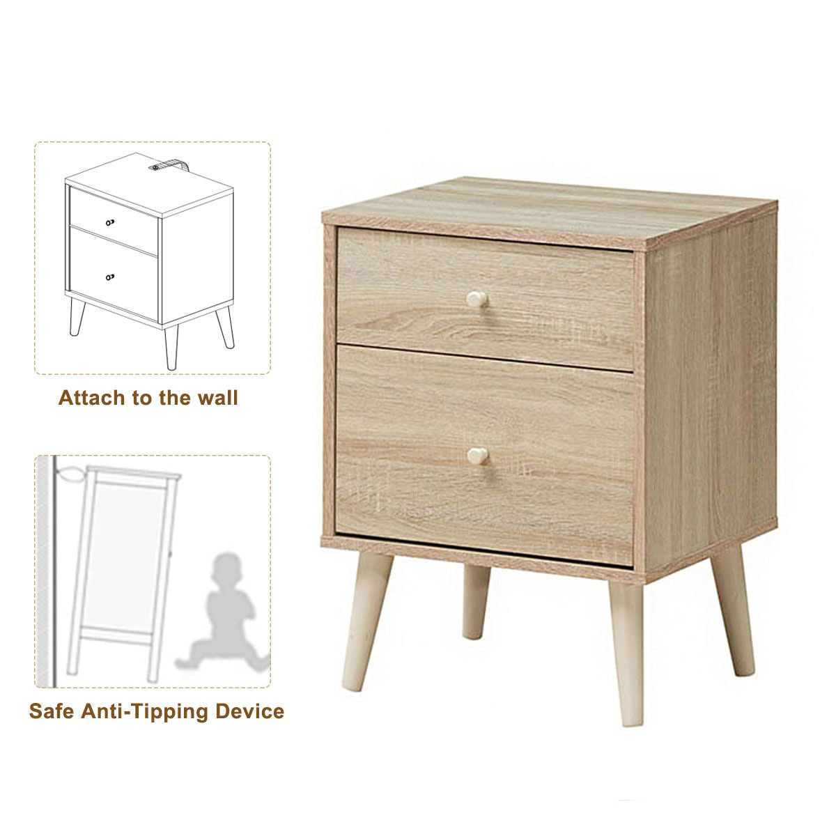 2-Drawer Nightstand with Solid Rubber Wood Legs and Large Storage Space
