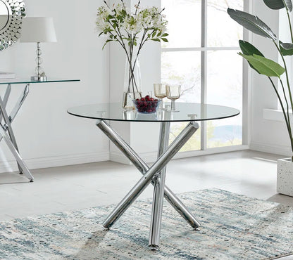 Seline Modern round Dining Table Set in Glass and Chrome with 2 Luxury Faux Leather Dining Chairs