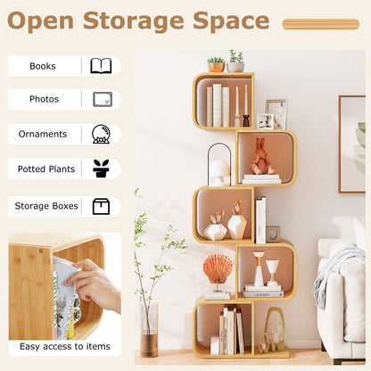 2/3/4/5-Tier S-Shaped Bookcase Bamboo Bookshelf with Open Cubes