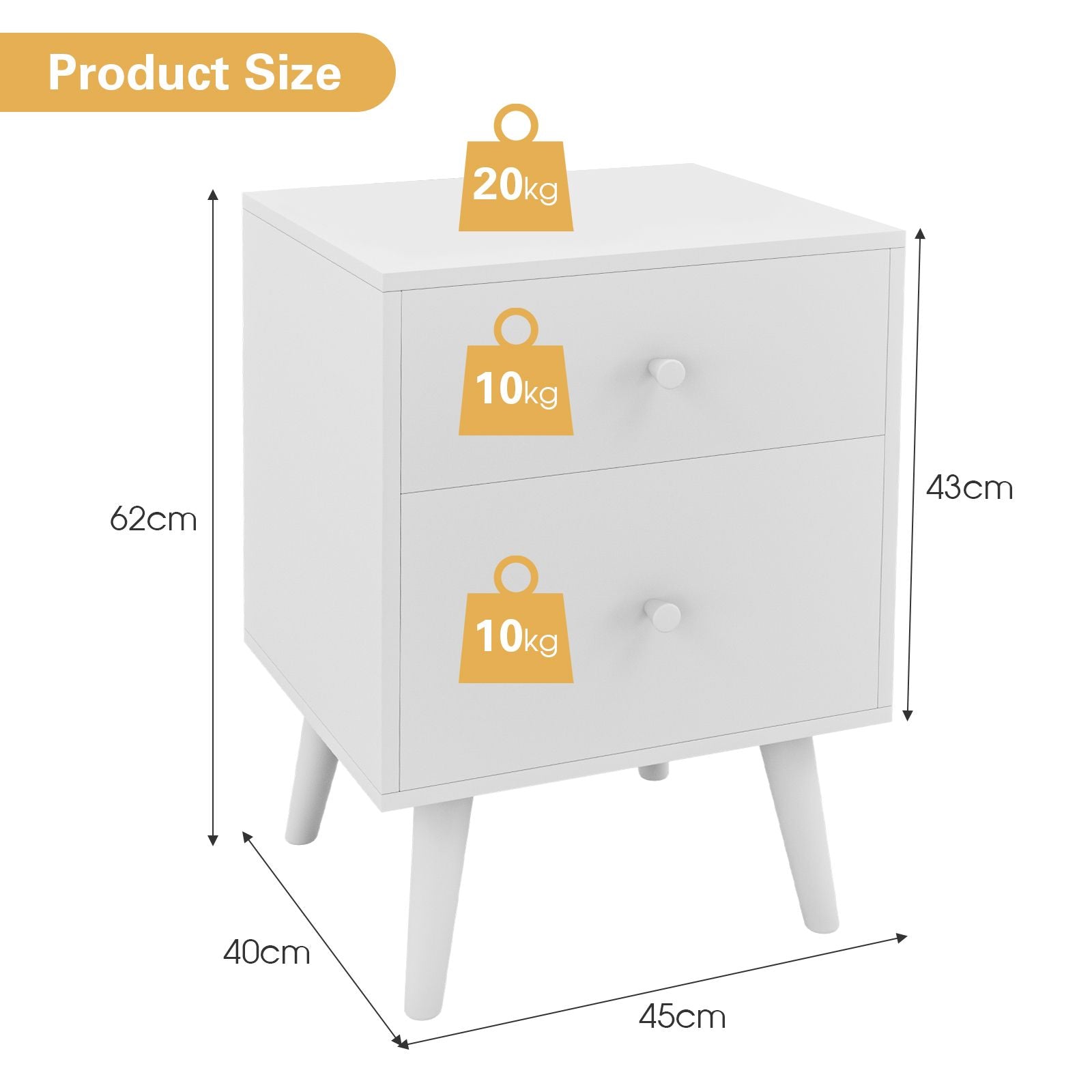 2-Drawer Nightstand with Solid Rubber Wood Legs and Large Storage Space