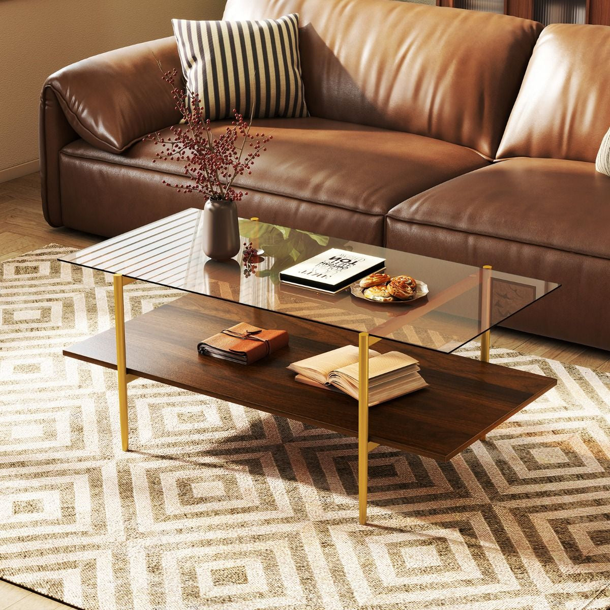 2-Tier Glass Coffee Table with Tampered Glass Tabletop & Open Storage Shelf