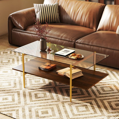 2-Tier Glass Coffee Table with Tampered Glass Tabletop & Open Storage Shelf