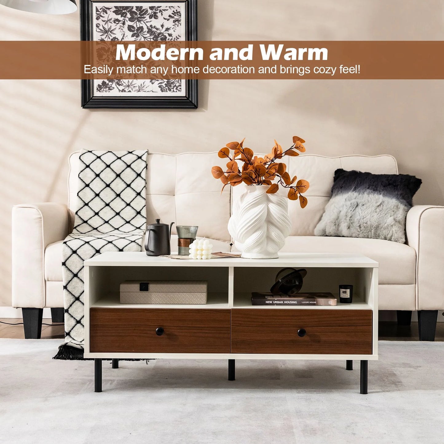 Rectangle Sofa Tea Table with Sturdy Metal Legs for Home Office