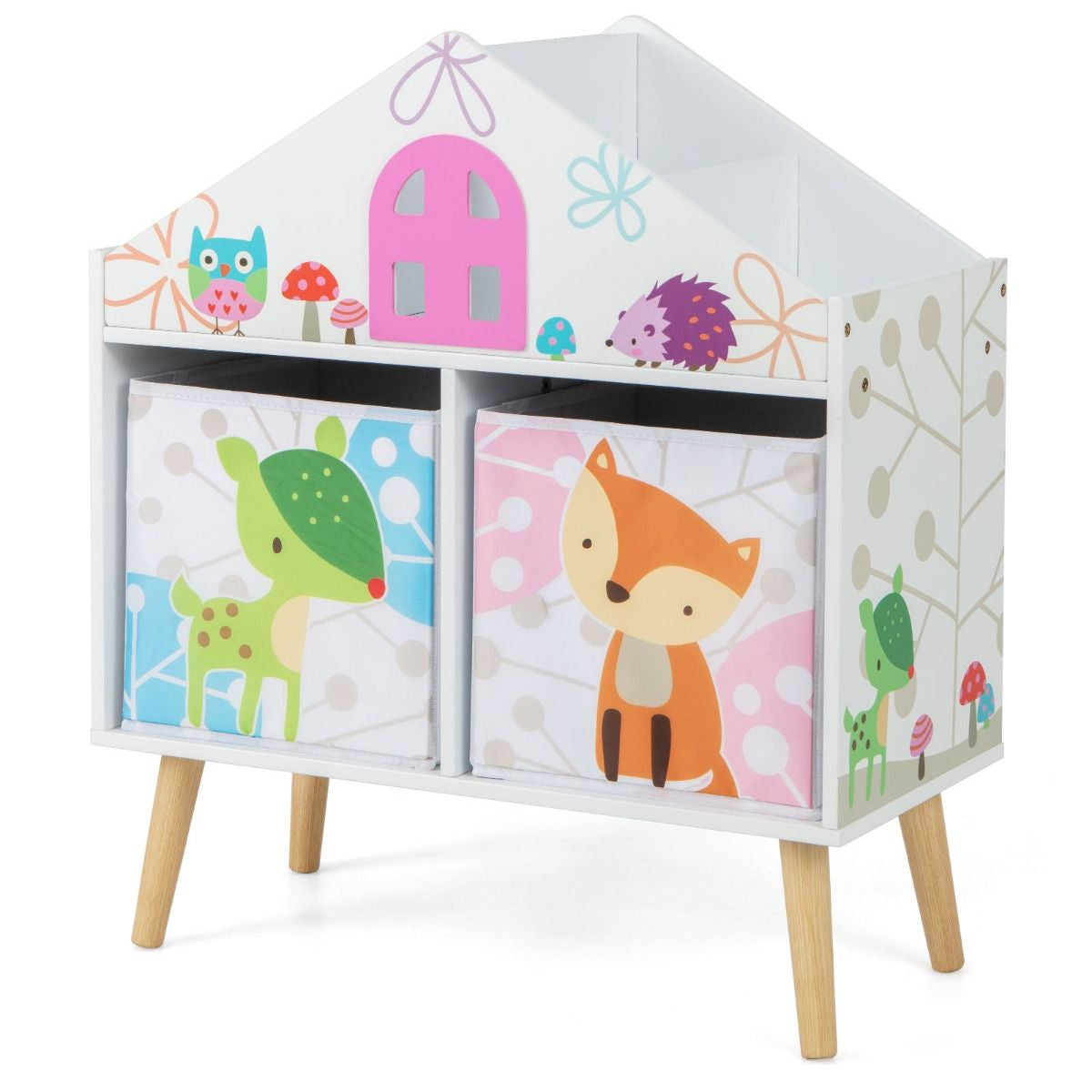 Kids House-Shaped Bookshelf with 2 Storage Bins and Elevated Solid Wood Legs