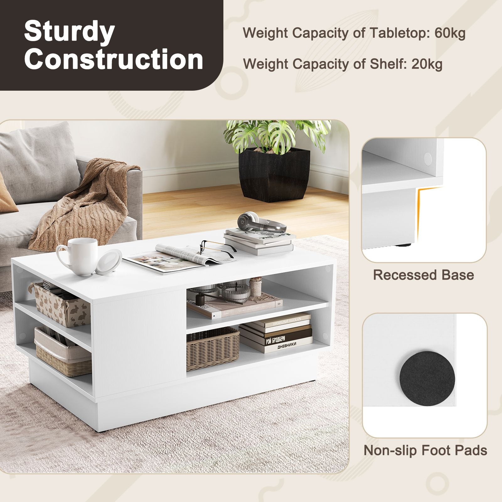 Modern Rectangle Coffee Table with 2-Tier Open Storage Shelves