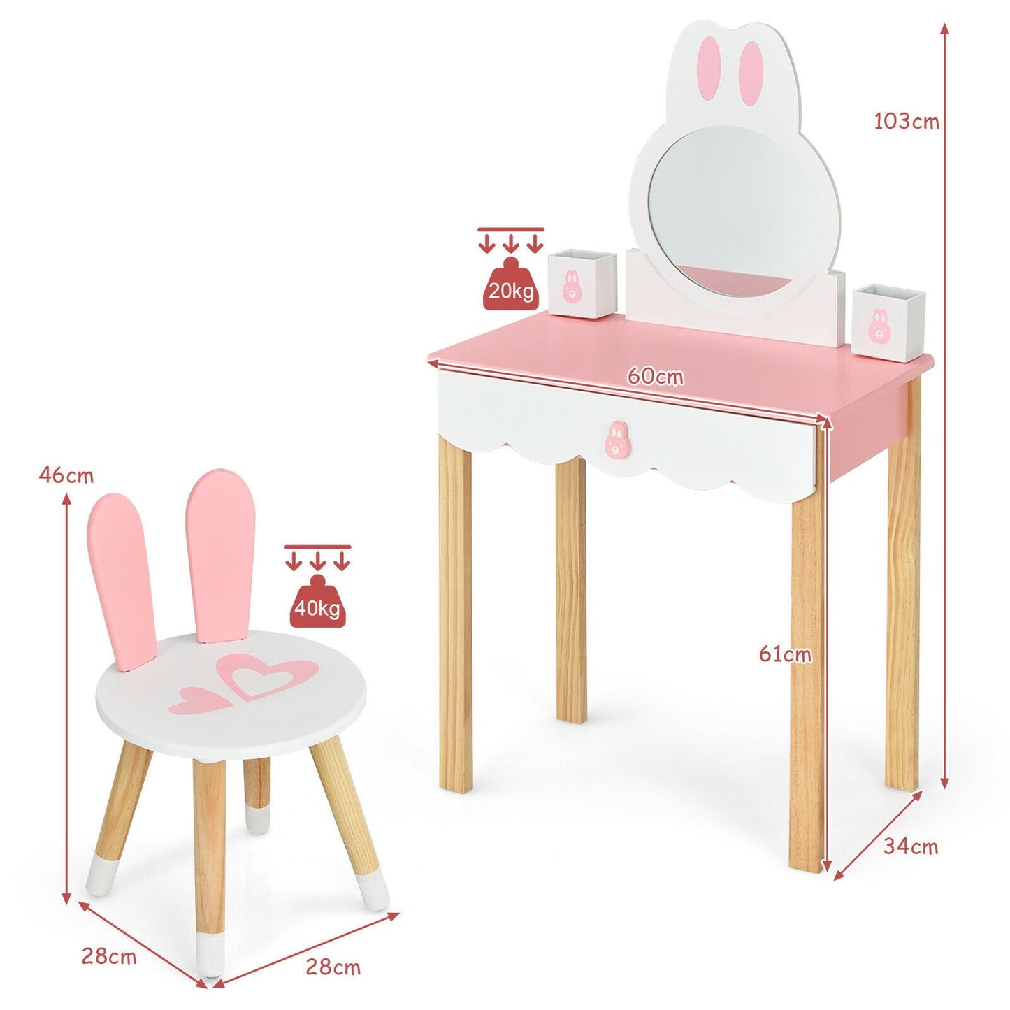 Kids Vanity Table and Chair Pretend Play with Mirror and Drawers