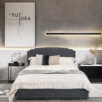 Upholstered Double Bed Frame with 4 Storage Drawers and Adjustable Headboard