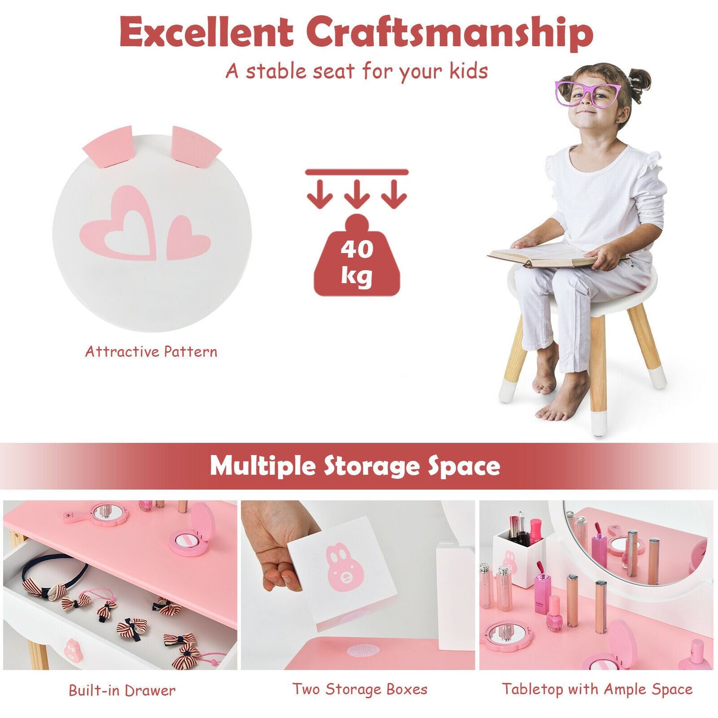 Kids Vanity Table and Chair Pretend Play with Mirror and Drawers