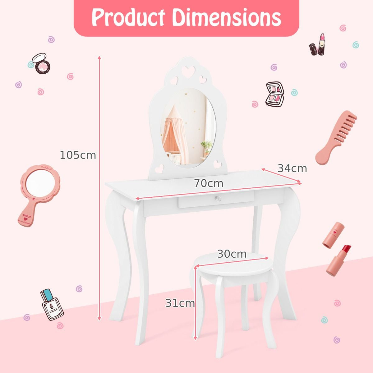 Kids Vanity Table and Stool with Removable Mirror and Drawer