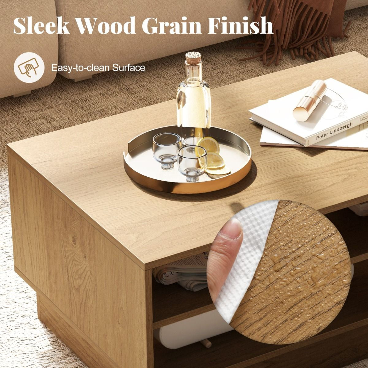 Modern Rectangle Coffee Table with 2-Tier Open Storage Shelves