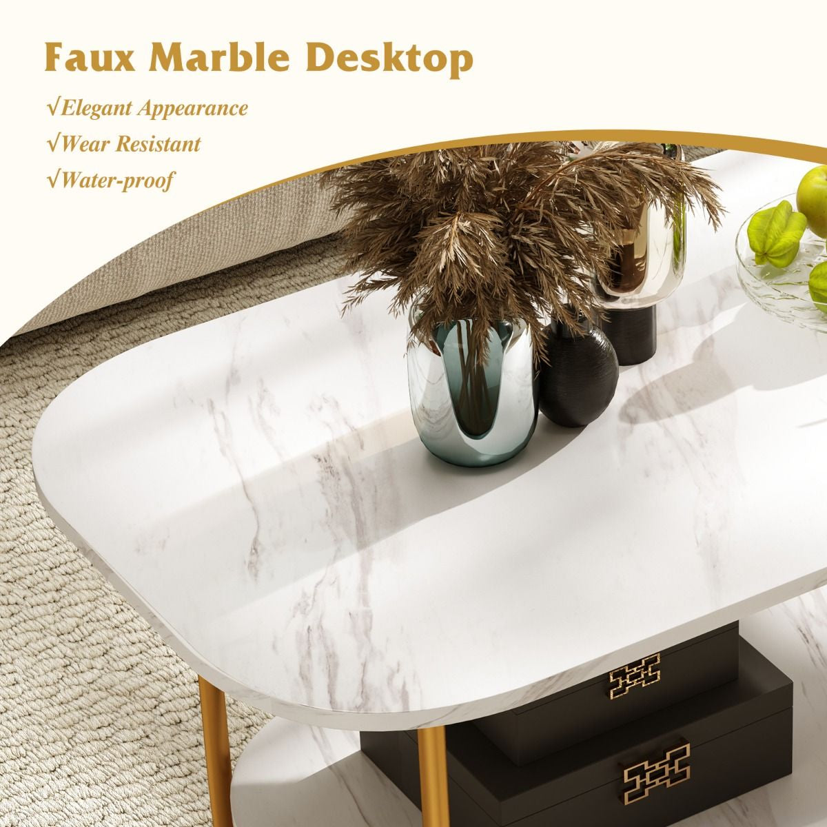 Faux Marble Top Coffee Table with Heavy-Duty Metal Frame