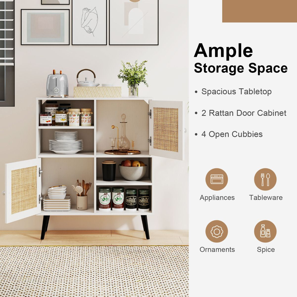 Rattan Sideboard Buffet Cabinet with 4 Cubbies and 2 Rattan-Decorated Doors