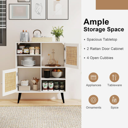 Rattan Sideboard Buffet Cabinet with 4 Cubbies and 2 Rattan-Decorated Doors