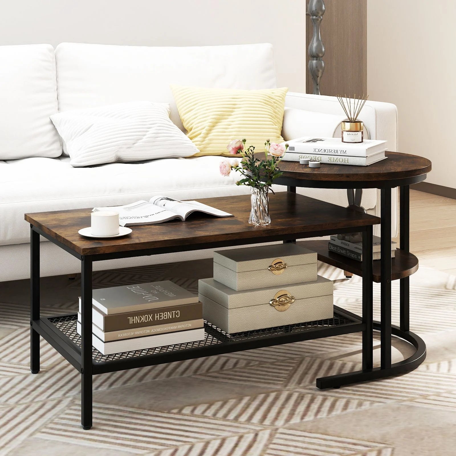 Set of 2 Nesting Coffee Table with Extra Storage Shelf