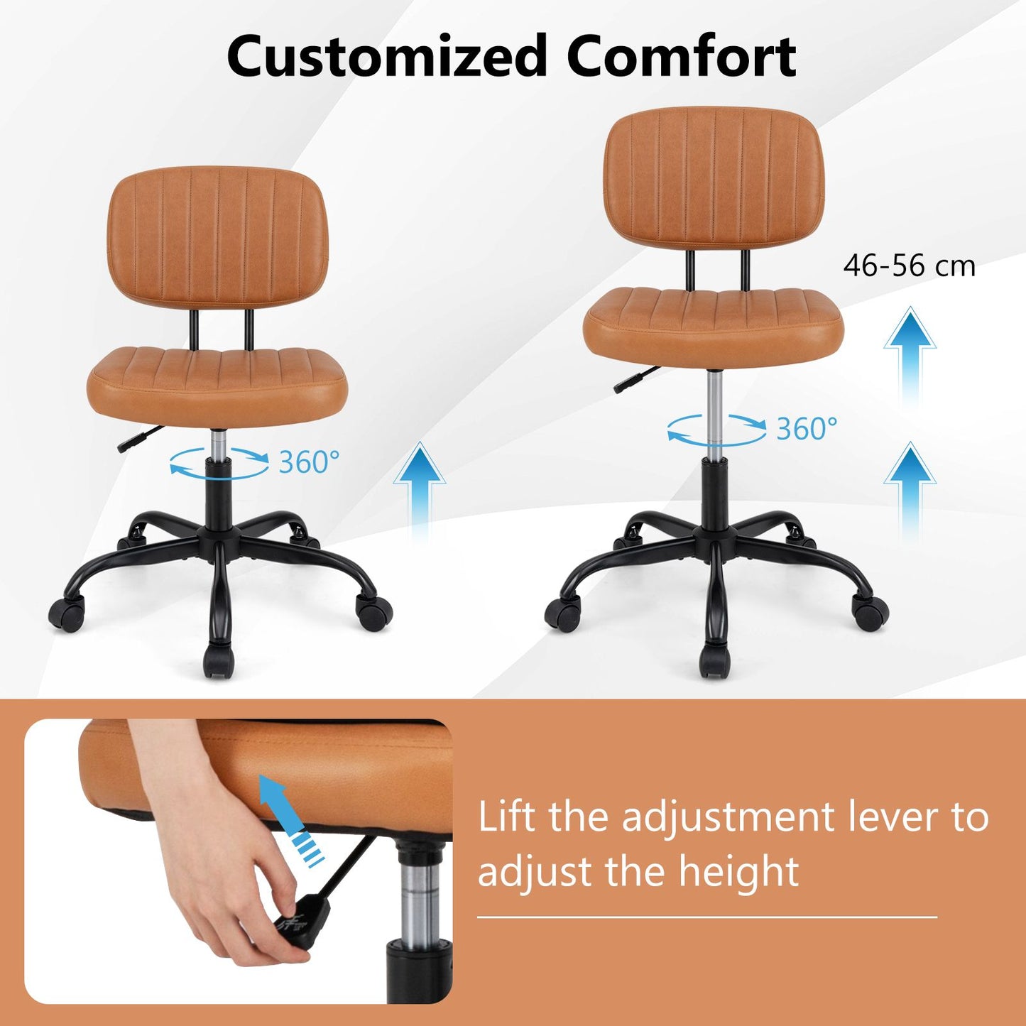 Home Office Small Armless Desk Chair with Wheels and Lumbar Support