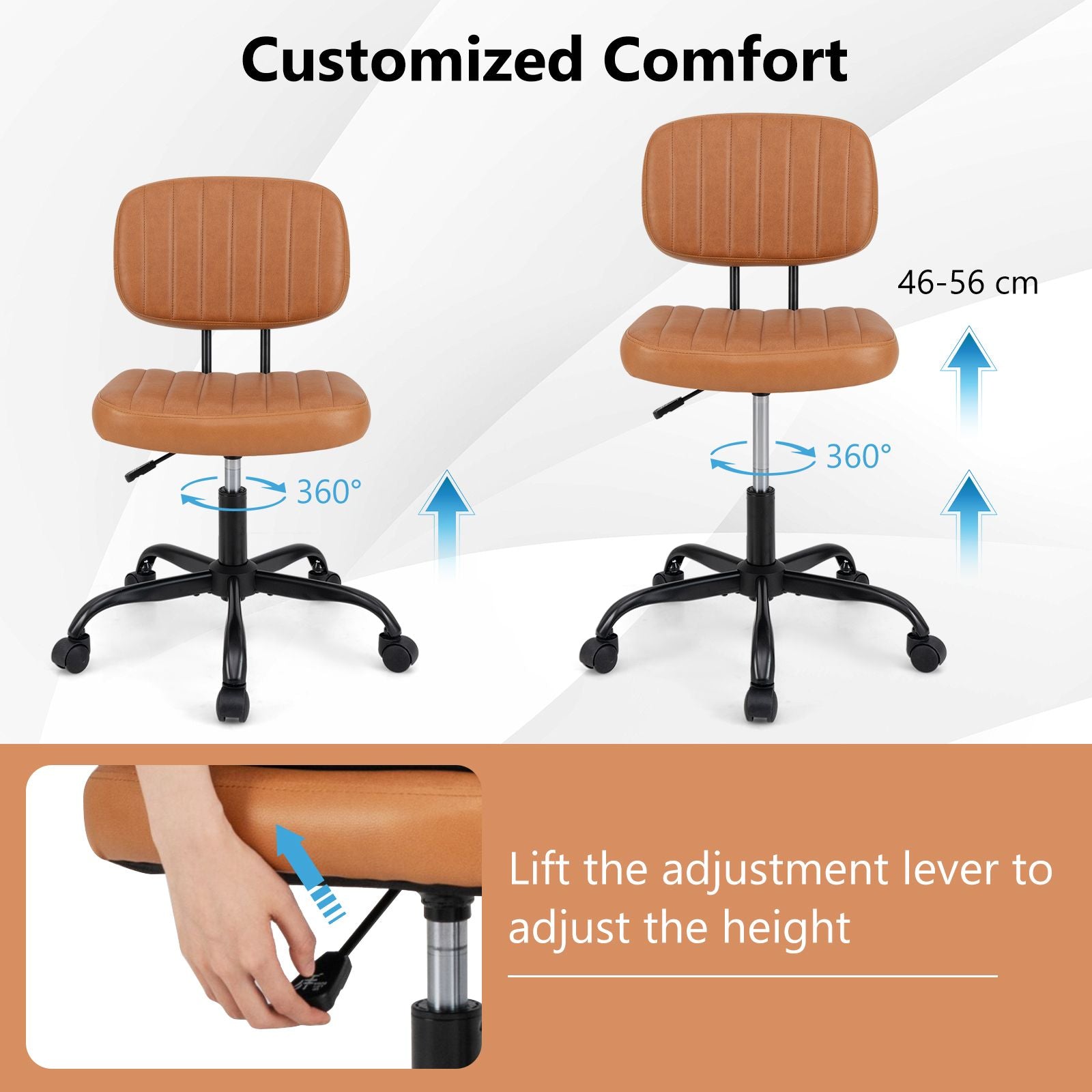 Home Office Small Armless Desk Chair with Wheels and Lumbar Support