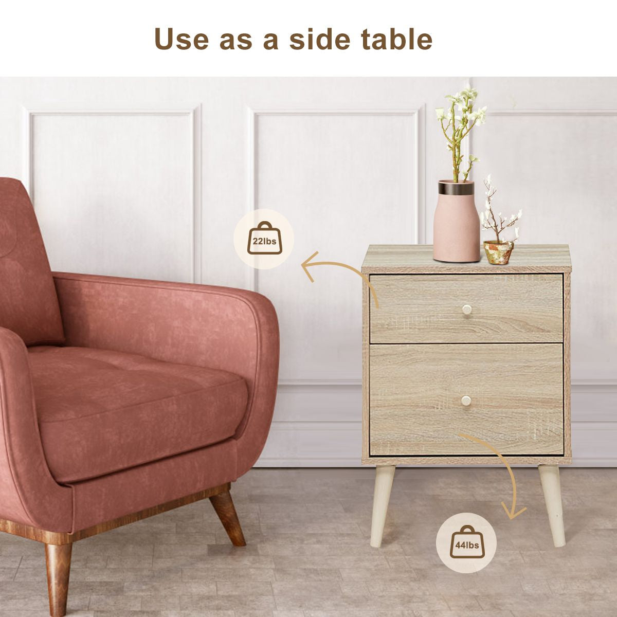 2-Drawer Nightstand with Solid Rubber Wood Legs and Large Storage Space