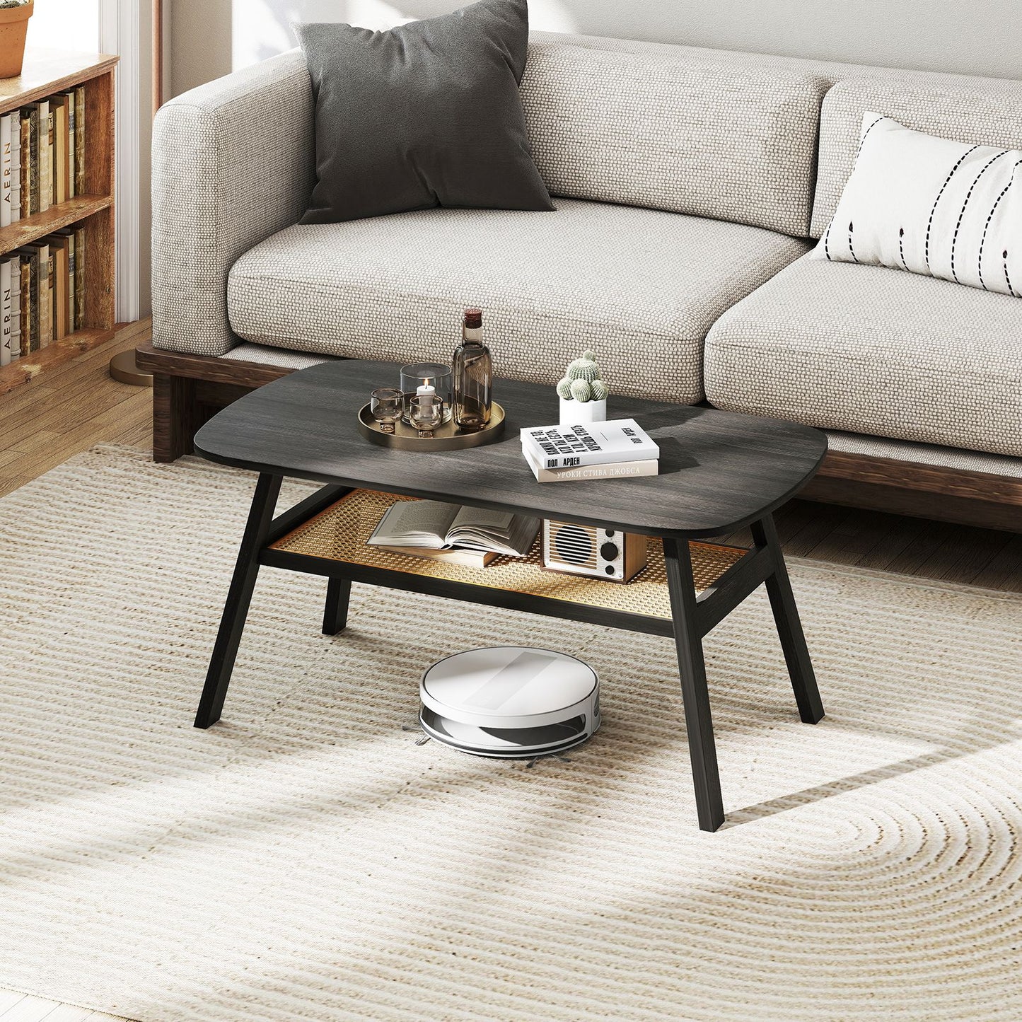 2-Tier Coffee Table with Rattan Storage Shelf and Rubber Wood Legs