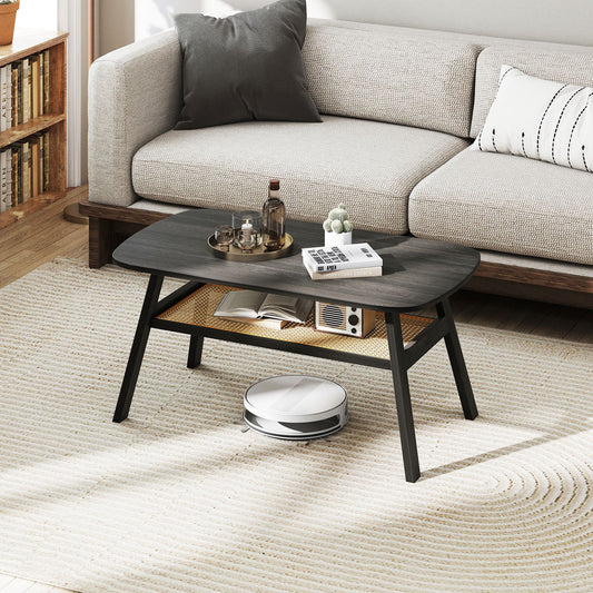 2-Tier Coffee Table with Rattan Storage Shelf and Rubber Wood Legs