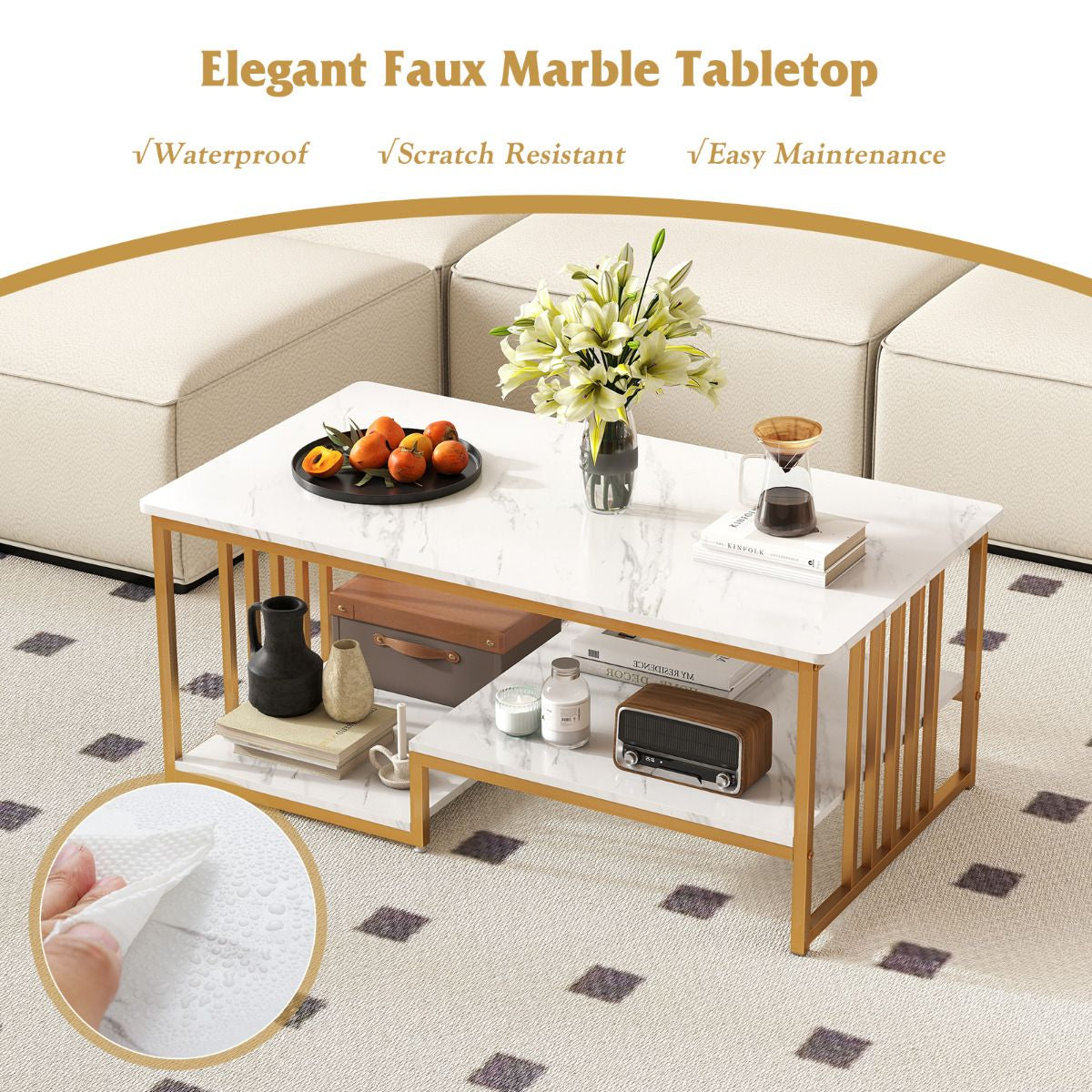 Faux Marble Coffee Table with Open Storage Shelf