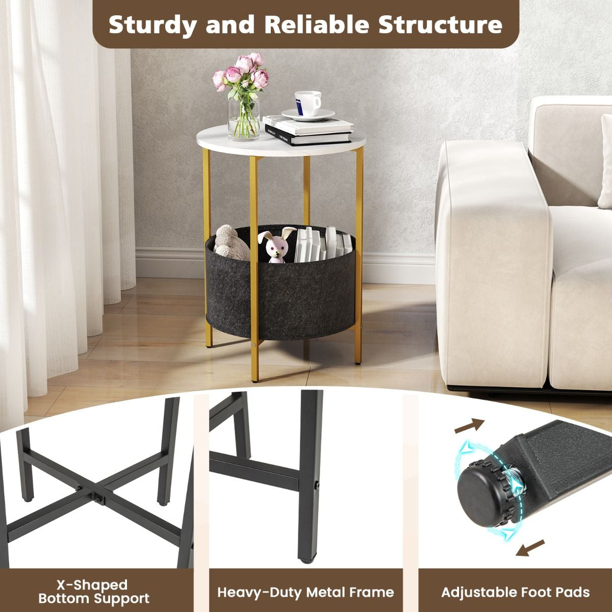 Round End Table for Small Space with Removable Fabric Basket and Metal Frame