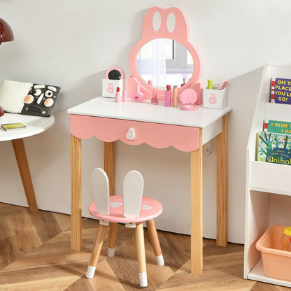 Kids Vanity Table and Chair Pretend Play with Mirror and Drawers