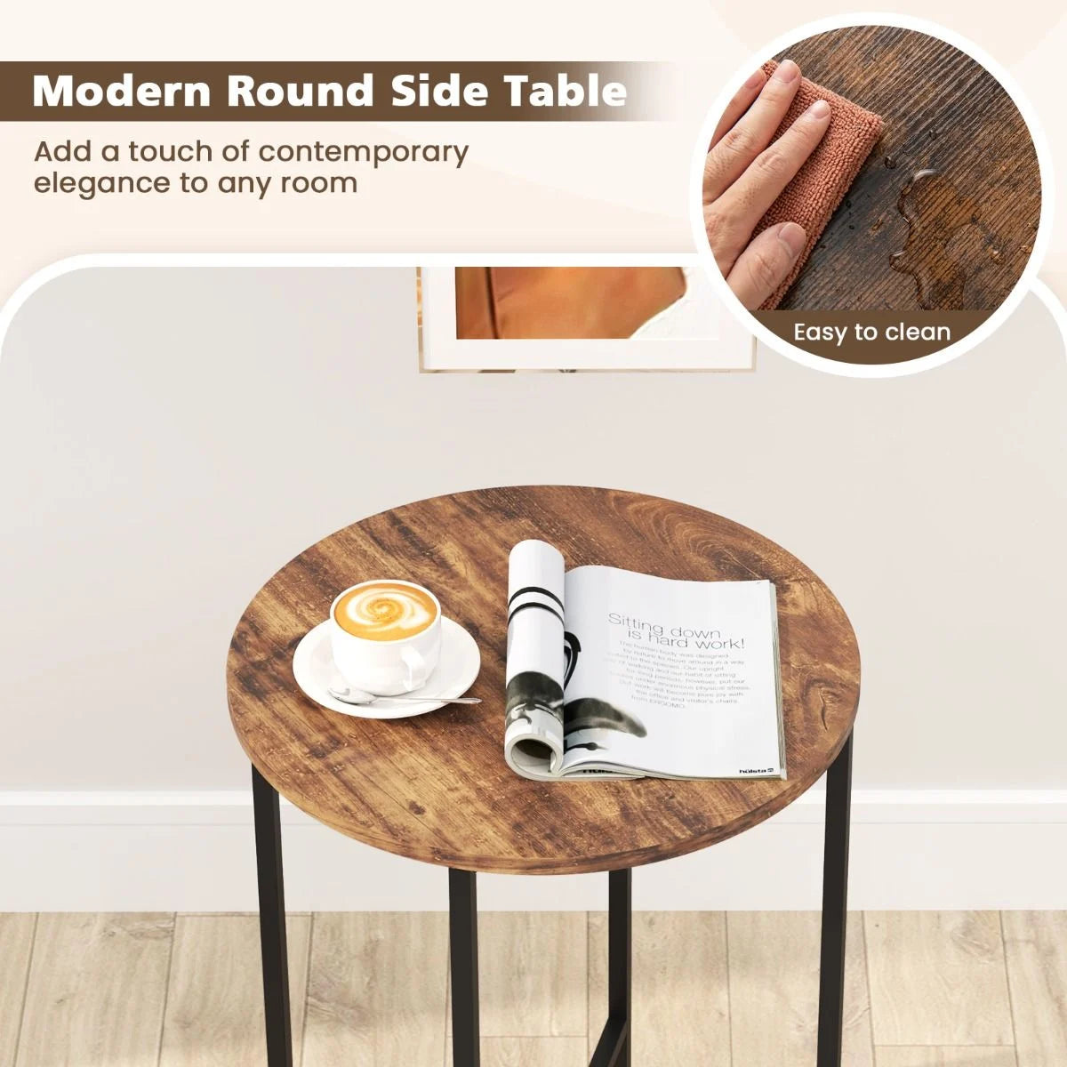 Round End Table for Small Space with Removable Fabric Basket and Metal Frame