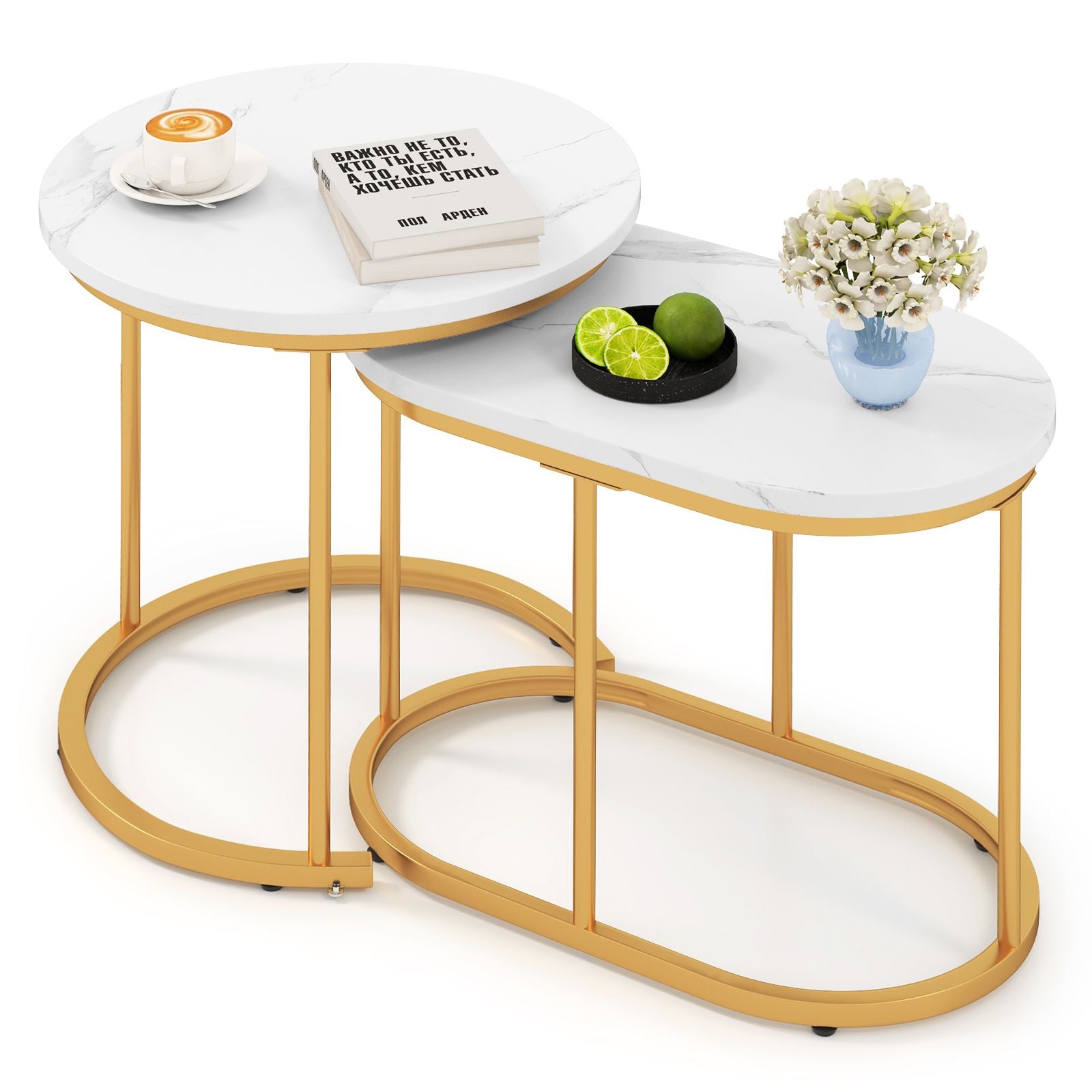 Coffee Table Set of 2 Modern Side Tables with White Faux Marble Top