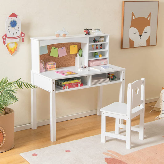 Wooden Kids Desk and Chair Set with Hutch for Studying and Reading