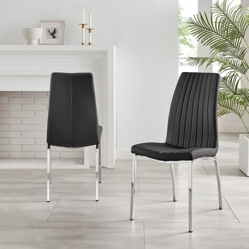 Faux Leather Modern Tall Back Dining Chairs with Chrome Metal Legs & Vertical Stitching