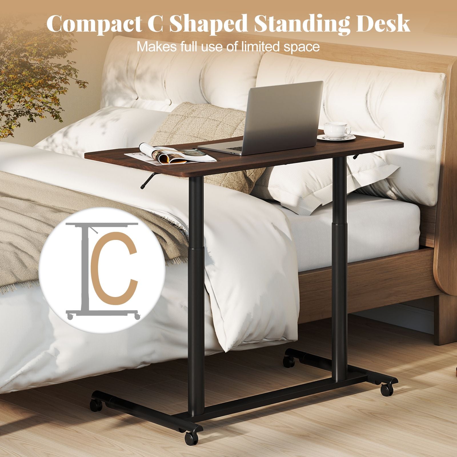 C-Shaped Mobile Standing Desk with Adjustable Height and Lockable Wheels