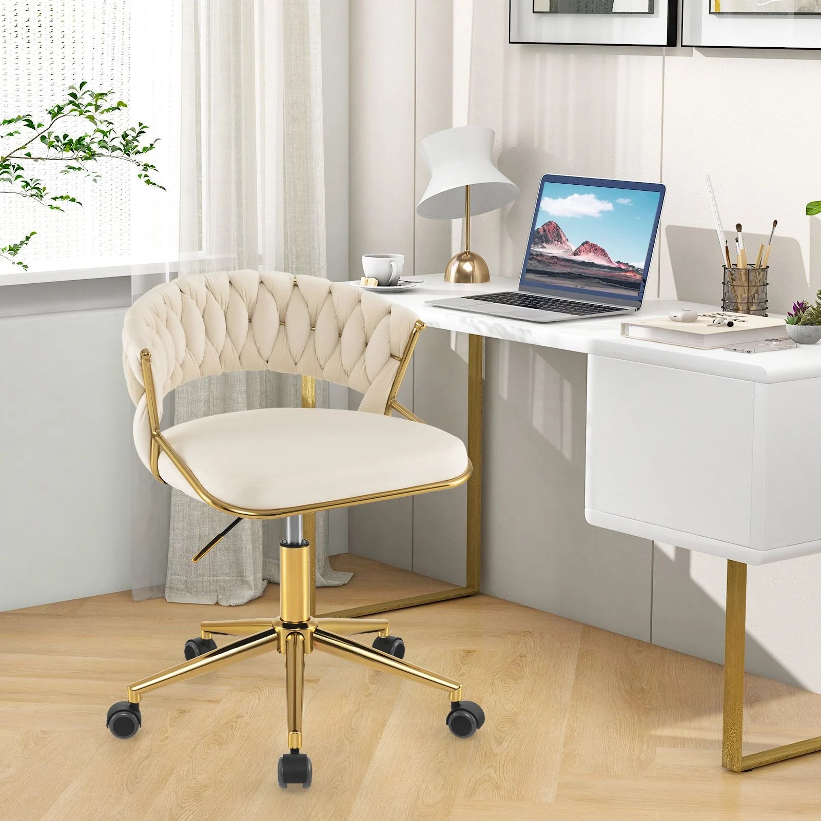 360° Swivel Home Office Desk Chair Set of 2 with Hand-Woven Back