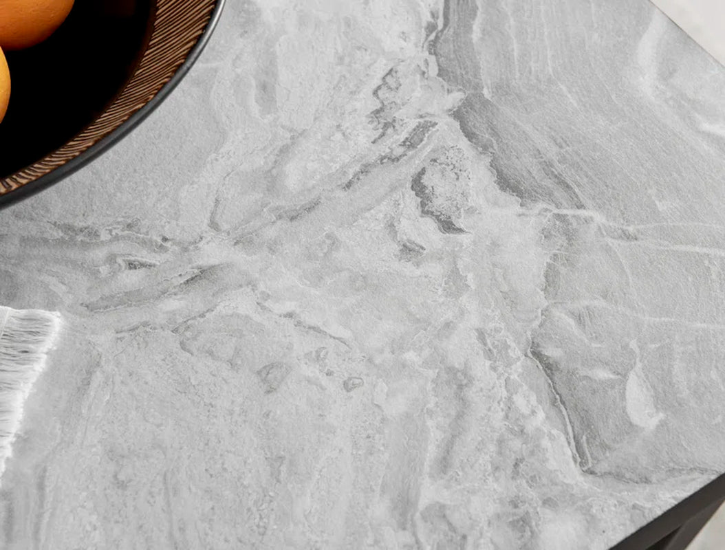 Industrial Design White & Grey Marble Effect Melamine Dining Table and 2 Velvet Dining Chairs